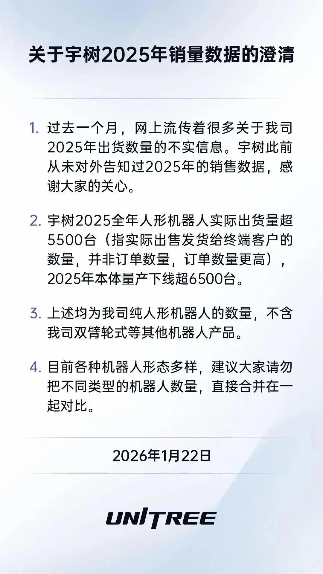 宇树科技澄清销量传言 2025年人形机器人实际出货超5500台(1) 宇树科技澄清销量传言 2025年人形机器人实际出货超5500台(1)