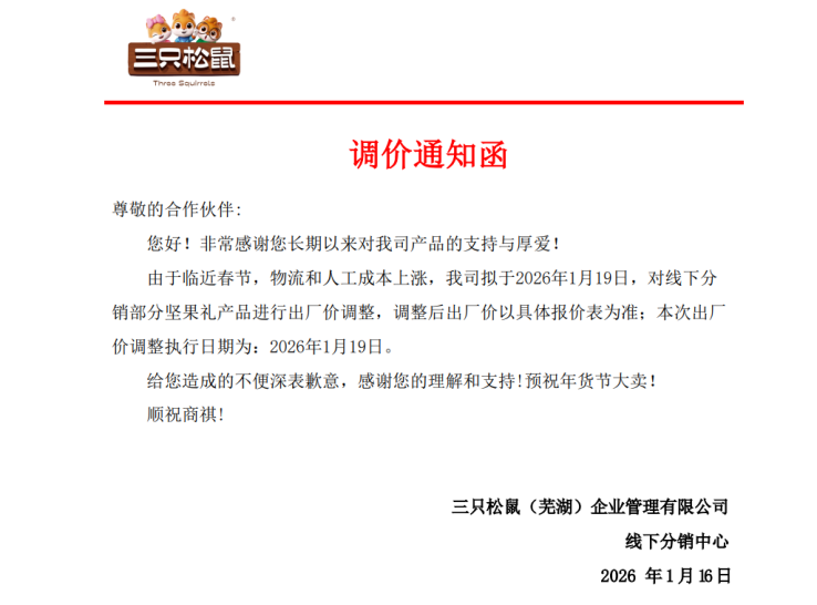 提价!三只松鼠宣布:1月19日起上调线下分销渠道部分坚果礼产品出厂价(2) 提价!三只松鼠宣布:1月19日起上调线下分销渠道部分坚果礼产品出厂价(2)